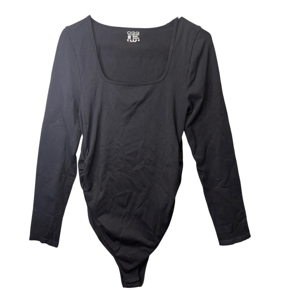 OQQ Women XL Black Long Sleeve Square Neck Bodysuit Ribbed Snap Closure